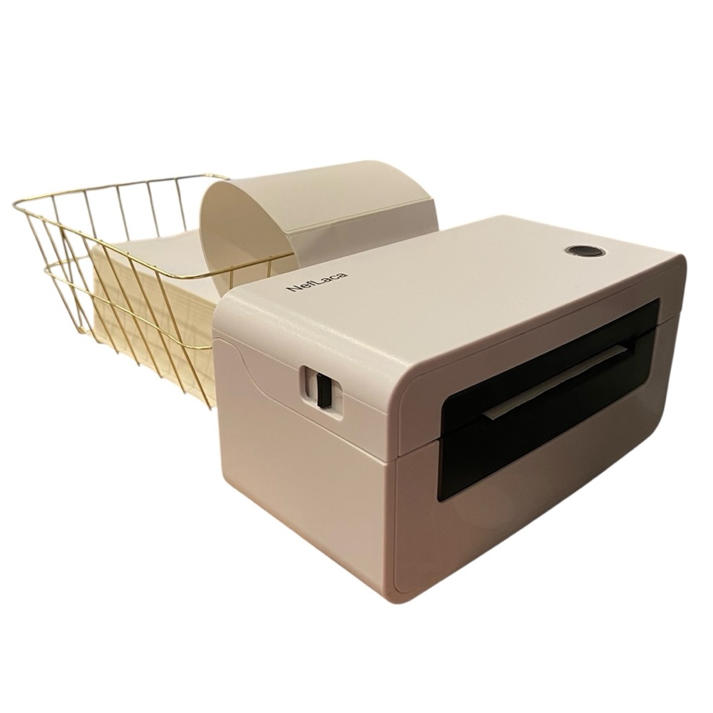 NEFLACA NL-N41 Thermal Label Printer w/ 450+ 4x6 Labels & Gold-Tone Wire Basket